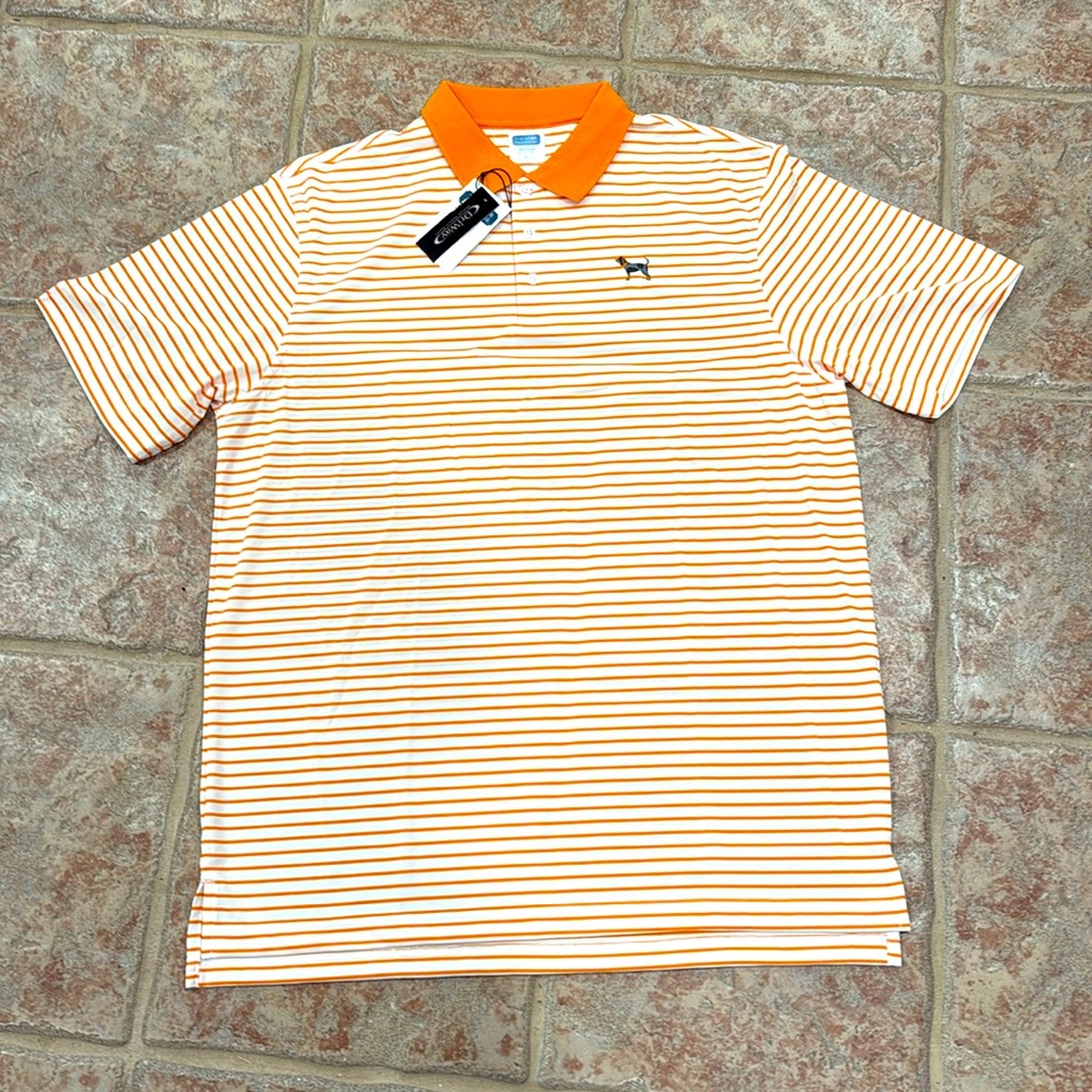 Volunteer Tradition White and Orange Striped Polo Bluetick